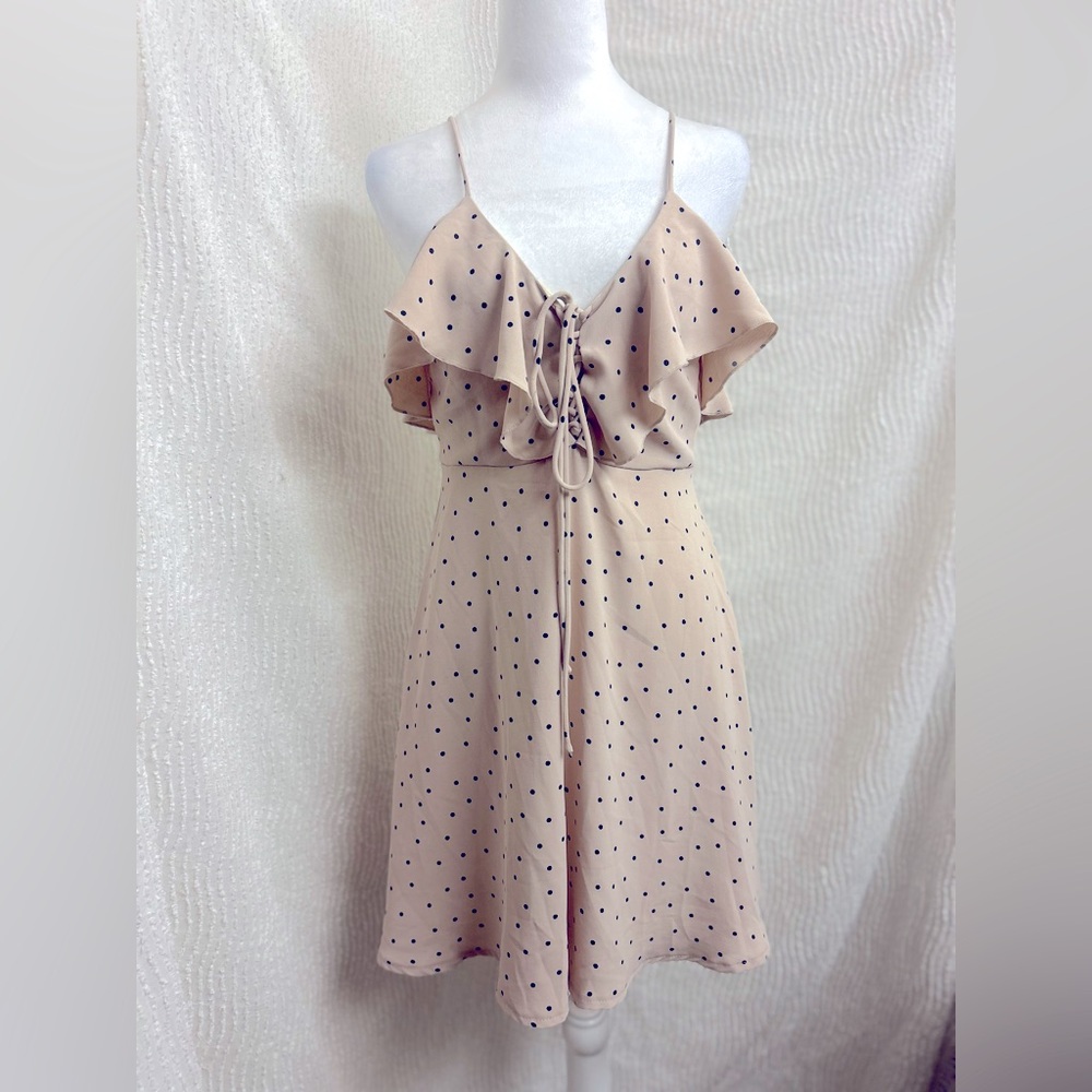 Beige Dress Showpo Size 6 Polka Dots Retro Ruffle Lace Up Bow Tie